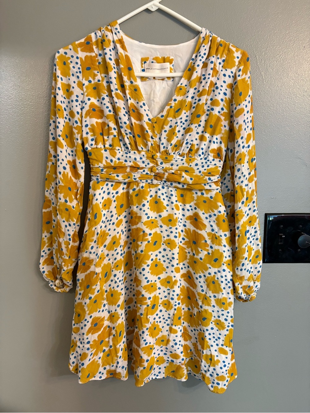 Anthropologie Mustard and Blue Floral V-Neck Long Sleeve Dress make offer